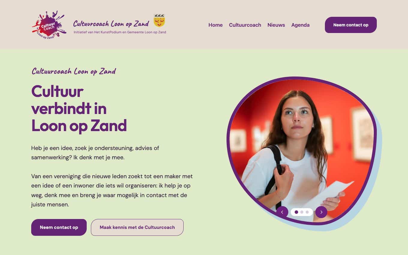 Homepage van Cultuurcoach Loon op Zand, maatwerk WordPress-website door Anders Ontwerp