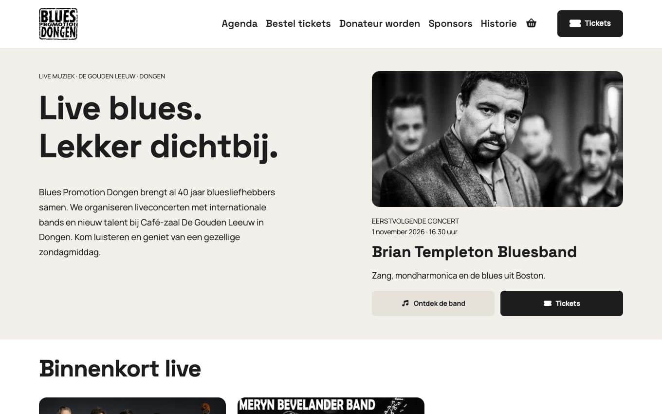 Homepage van Blues Promotion Dongen, maatwerk WordPress-website door Anders Ontwerp