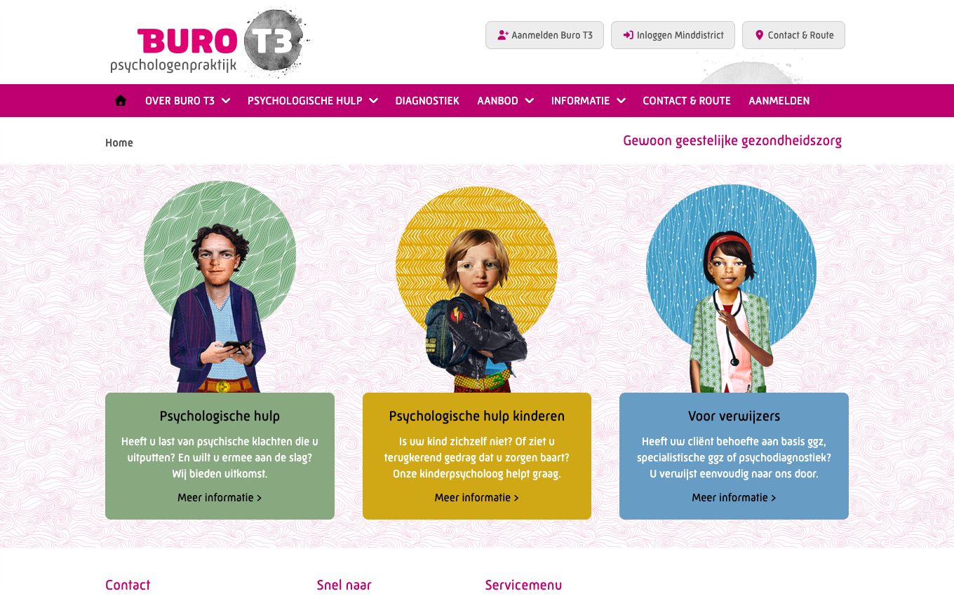 Homepage van BURO T3, maatwerk WordPress-website door Anders Ontwerp