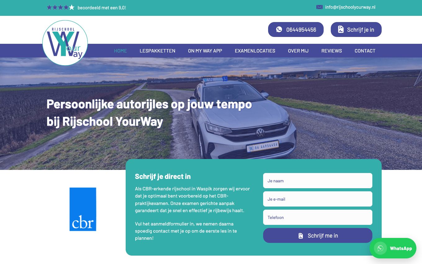 Homepage van Rijschool YourWay, maatwerk WordPress-website door Anders Ontwerp
