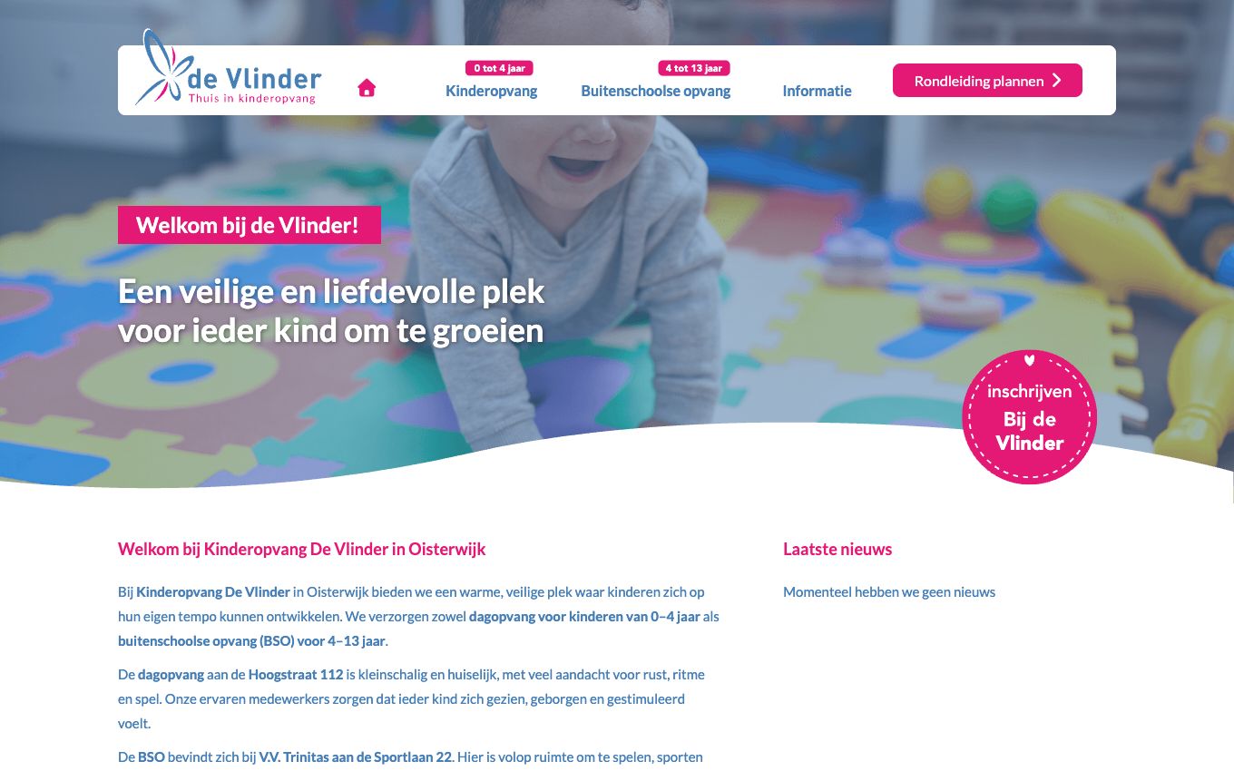 Homepage van Kinderopvang De Vlinder, maatwerk WordPress-website door Anders Ontwerp