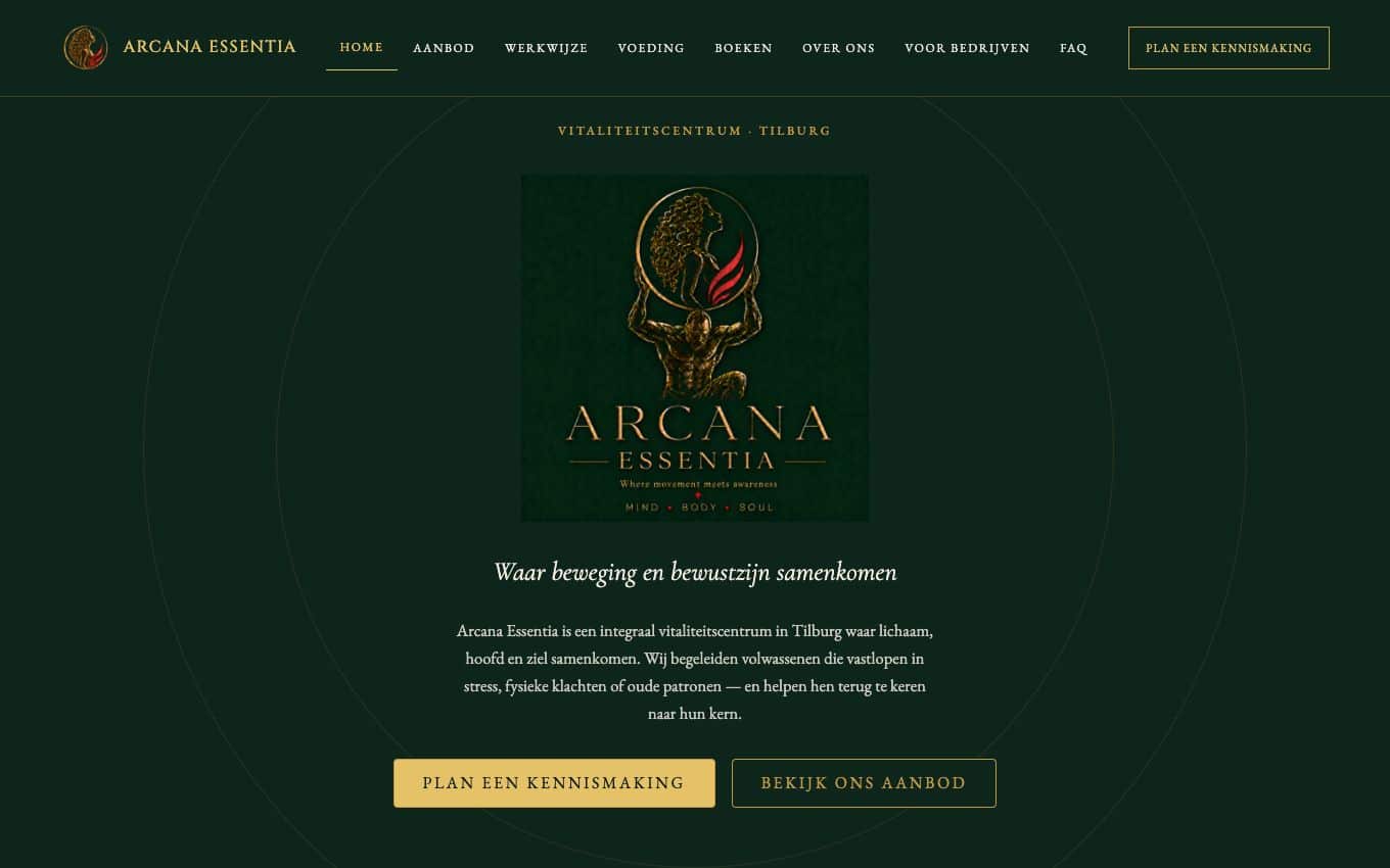 Homepage van Arcana Essentia, maatwerk WordPress-website door Anders Ontwerp
