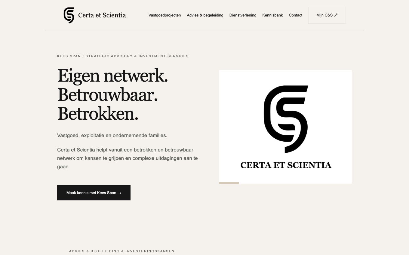 Homepage van Certa et Scientia, maatwerk WordPress-website door Anders Ontwerp