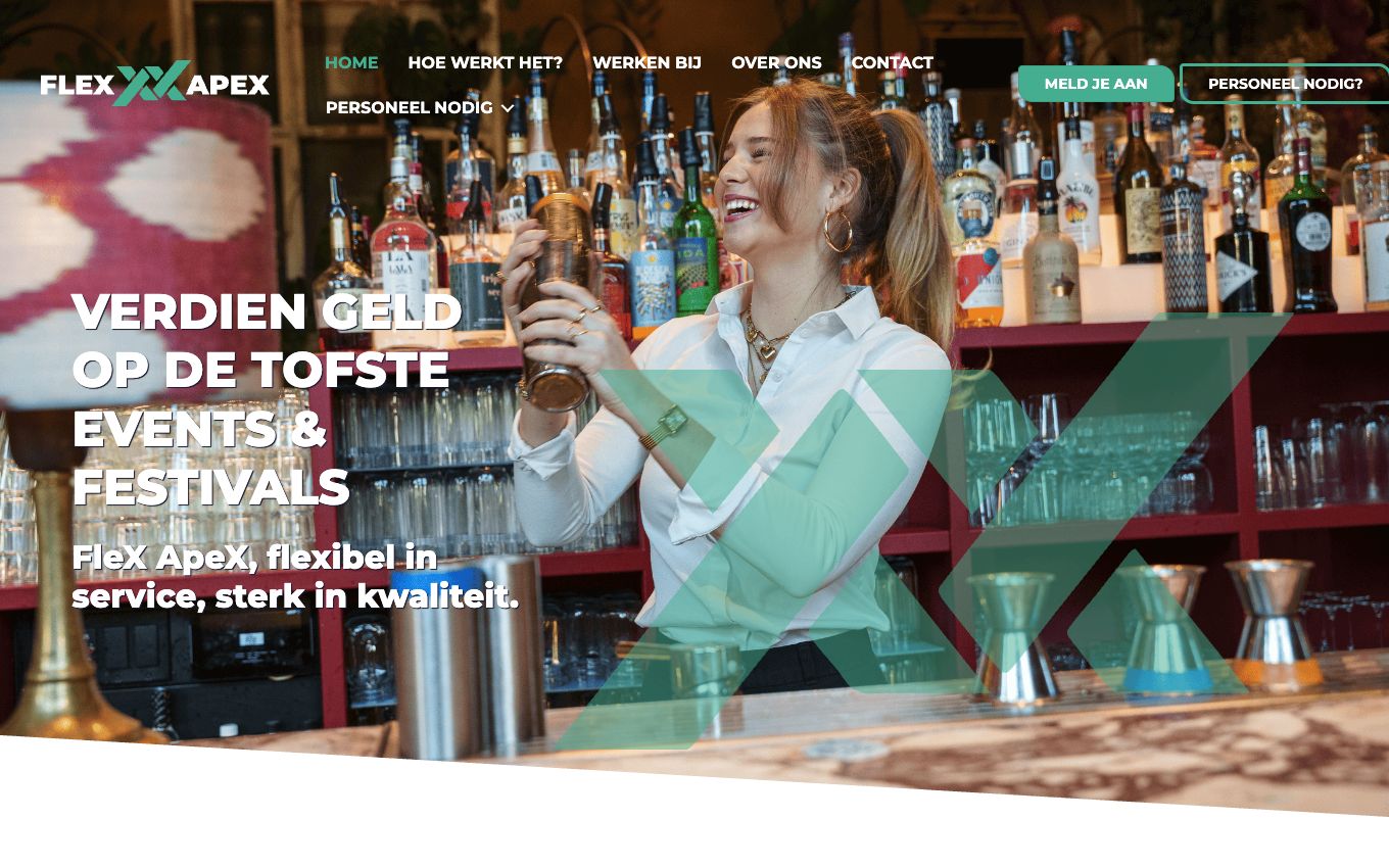 Homepage van FleX ApeX, maatwerk WordPress-website door Anders Ontwerp